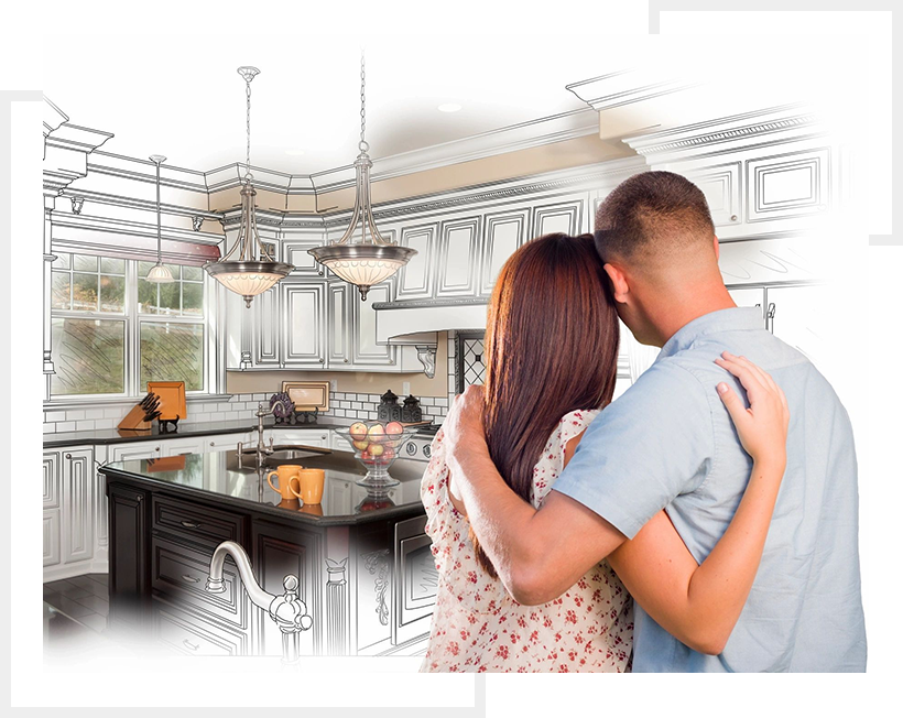 A couple is hugging in the kitchen of their home.